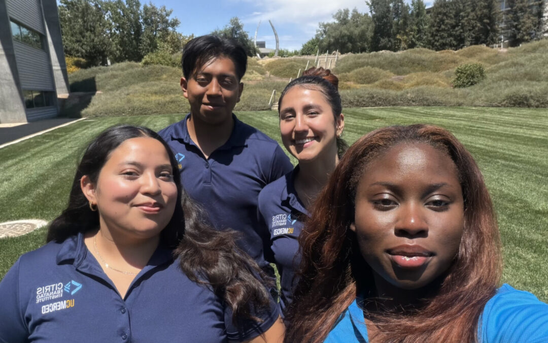 Photo of a group of four CITRIS interns standing on a grass field