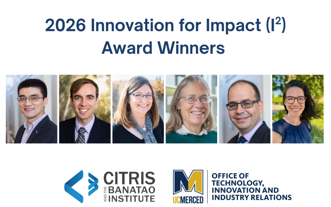 Award announcement featuring headshots of the 6 faculty recipients of 2026 Innovation for Impact Awards